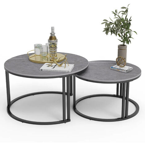 Unho – Lot de 2 tables gigognes rondes 70x70/57x57 cm – Plateau en pierre frittée – Cadre en fer – Effet marbre gris – Pour petits espaces