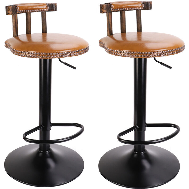 lot de 2 tabouret bar industriel - reglable en hauteur 60-80cm siege cuir avec dossier et repose-pieds marron clair unho