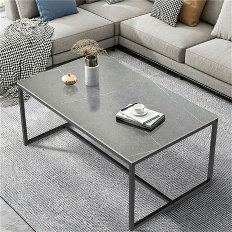 UNHO Mesa Cafe de Centro de Marmol Mesa de Café con Marco de Acero Estilo Nórtico Moderno 100x60x43cm, Gris