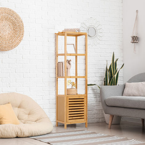 Unho – Meuble de rangement salle de bain – Armoire haute en bambou 33.8x33x140cm – 2 étagères réglables – Résistant à l'humidité