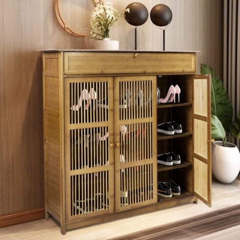 UNHO Meuble è Chaussure d’Entrée en Bambou: 98×93×32cm Armoire à Chaussures avec Tiroir Vintage, 3 Porte Rangement Chaussure à 4 Étagères pour 16 à 18 Paires