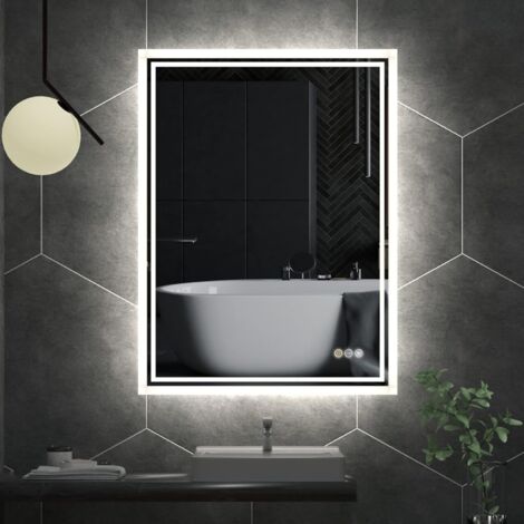 Unho – Miroir lumineux de salle de bain 70 x 50 cm – Éclairage LED 3 couleurs – Interrupteur tactile anti-buée – Installation verticale/horizontale