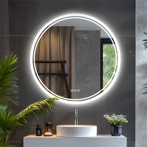 Unho – Miroir lumineux de salle de bain rond 60cm – Anti-buée avec capteur tactile – 3 températures de couleur – Étanchéité IP56