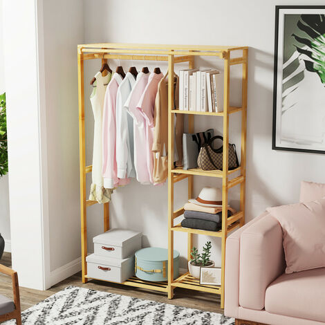 Unho – Penderie à vêtements en bambou – Armoire ouverte avec rideau – Dimensions 90x30x146,6 cm – Capacité de charge 25 kg