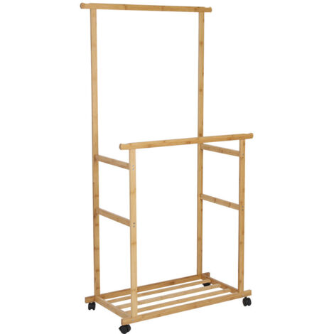 Unho – Penderie sur roulettes en bambou 80x40x160 cm – Double tringle pour 20 kg – Étagère inférieure pour chaussures – Bois naturel
