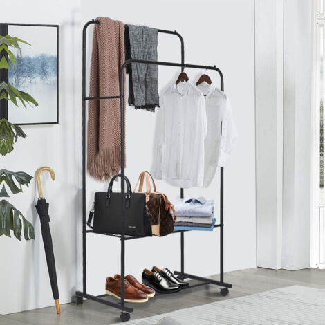 Unho – Portant à vêtements avec roulettes – Double barre porte-manteau en métal noir 80.5x51x155cm – Charge max 50kg – 4 roues pour mobilité facile