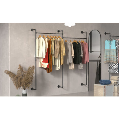 Unho – Portant à vêtements mural en métal noir – Design industriel 205x190 cm – Capacité 30 kg – Double tringle pour rangement optimisé