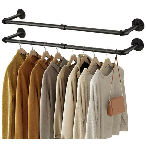 Unho – Portant à vêtements mural industriel noir 92 x 25 cm – Fer robuste – Capacité 20 kg – Installation facile avec accessoires inclus