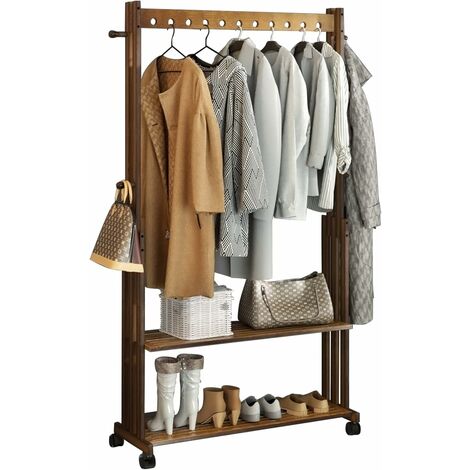 Unho – Porte manteau en bambou avec étagères et roulettes – Dimensions 104x32.2x166 cm – Charge max 8 Kg tringle, 10 Kg étagère inférieure