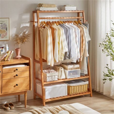 Unho – Porte-manteaux en bambou 43.5x80x165cm – 7 crochets – Étagère à chaussures 2 niveaux – Capacité 100 kg – Meuble d’entrée