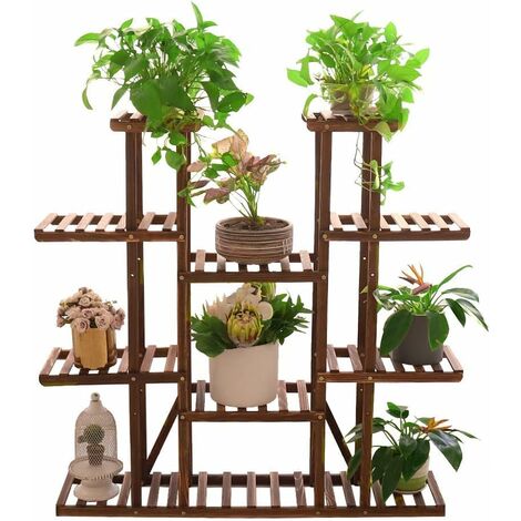 UNHO Porte Plante en Bois 116 x 115 x 25cm Étagère Echelle Grande Pour Plantes Fleurs avec 11 Tablettes Pour Jardin Terrasse Balcon