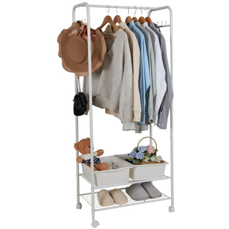Unho – Penderie sur roulettes métal blanc – Tringle et 8 crochets – 2 étagères de rangement – Dimensions 70x36,5x152cm