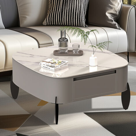 UNHO Rounded Square Sintered Stone Coffee Table Microfiber Saddle Leather