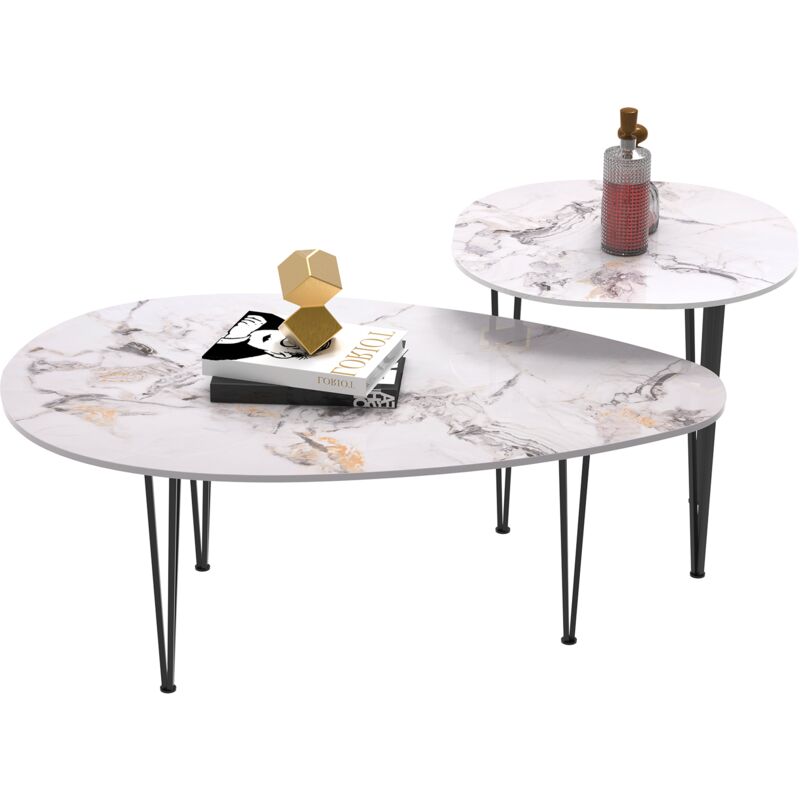 Satztische Beistelltisch Set Marmor Optik, aus gesintertem Stein Couchtisch fürs Wohnzimmer Sofatisch minimalistisch skandinavischer Stil