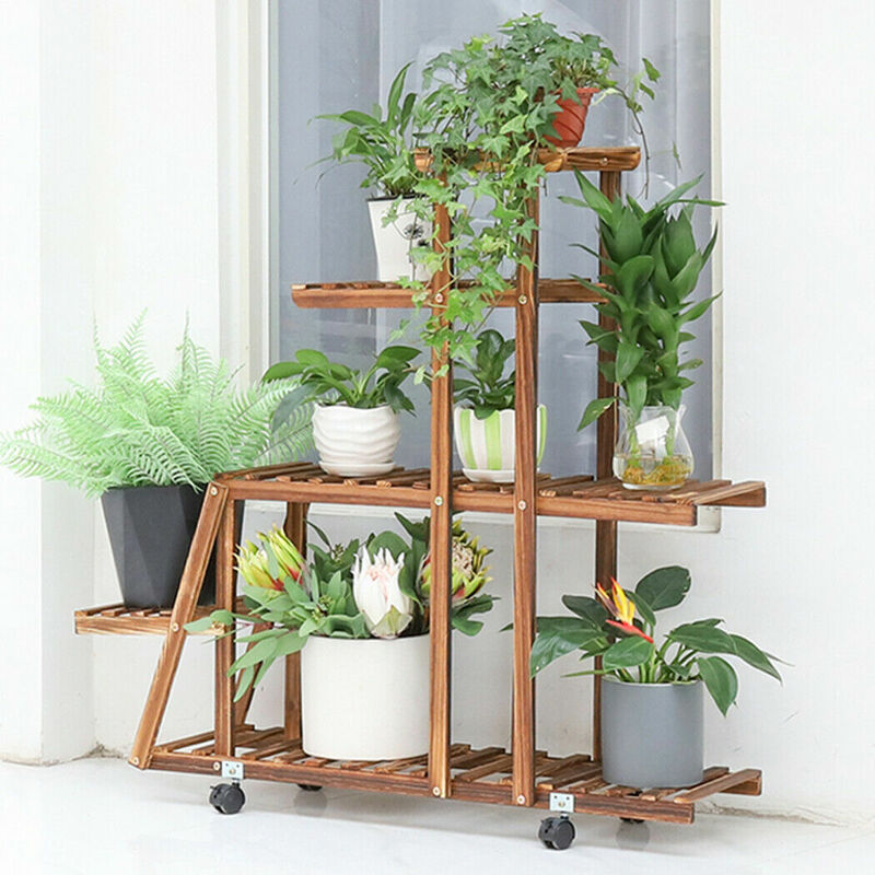 

Soporte para Plantes de Madera con Ruedas UNHO, Estantería para Macetas con 5 Niveles Estante Decorativo Plantas Exterior Interior para Patio Jardín