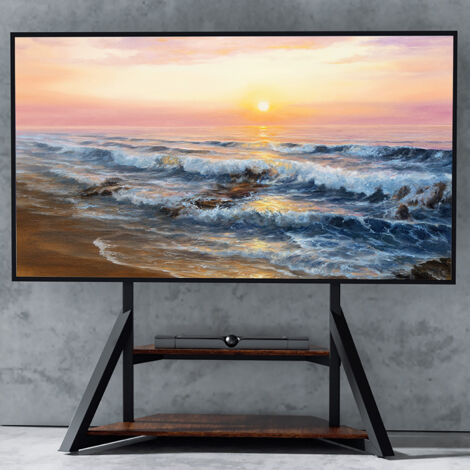 Unho – Support TV sur pied 40-75 pouces – Acier laminé à froid – Charge 80kg – Hauteur réglable 122-145cm – Norme VESA 600x400mm – 2 étagères bois massif