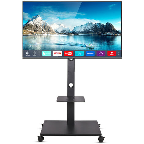 Unho – Support TV sur pied mobile 32-70 pouces – Hauteur réglable 108-150 cm – Charge 30 kg – VESA 600x400 mm – Roues verrouillables