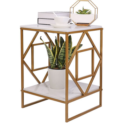 Unho – Table basse carrée en marbre blanc poli – Cadre en fer doré – 2 niveaux – Dimensions 40x40x58.5cm – Capacité 40kg/45kg