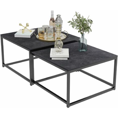 Unho – Table basse gigogne carrée en pierre frittée et métal – Lot de 2 tables modernes – Dimensions 70x70x48cm et 60x60x43cm – Design élégant noir et gris