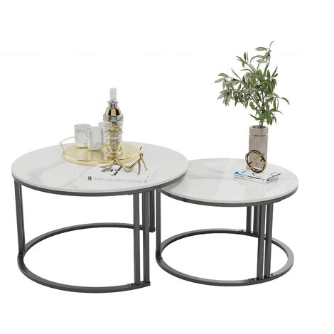 Unho – Table basse gigogne ronde 70x70/57x57 cm – Plateau en pierre frittée – Cadre en métal noir – Lot de 2 tables gigognes