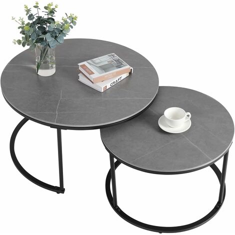 Unho – Table basse gigogne ronde en pierre frittée – Lot de 2 tables modernes – Pieds en métal noir – Dimensions φ80x45cm et φ60x40cm