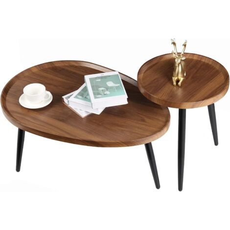 Unho – Table basse gigogne ronde et ovale en bois MDF et métal – Lot de 2 tables – Dimensions 80x55x39cm et φ40x49cm – Style moderne pour salon