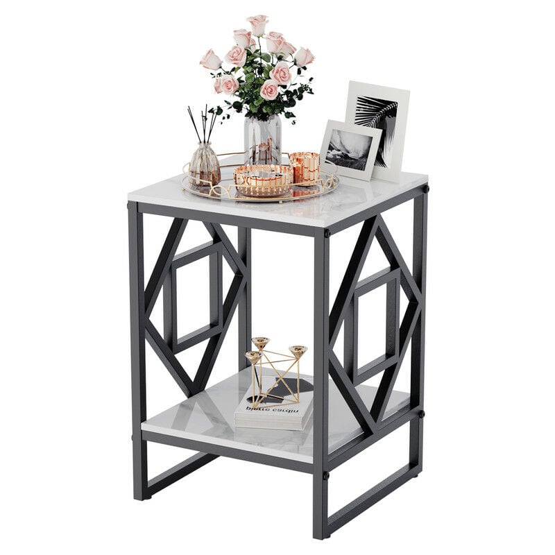 Unho - Table Basse Marbre Table d'Appoint Carrée à 2 Niveaux en Marbre Cadre en Fer Table de Chevet pour Salon Chambre - Noir 40x40x58.5cm