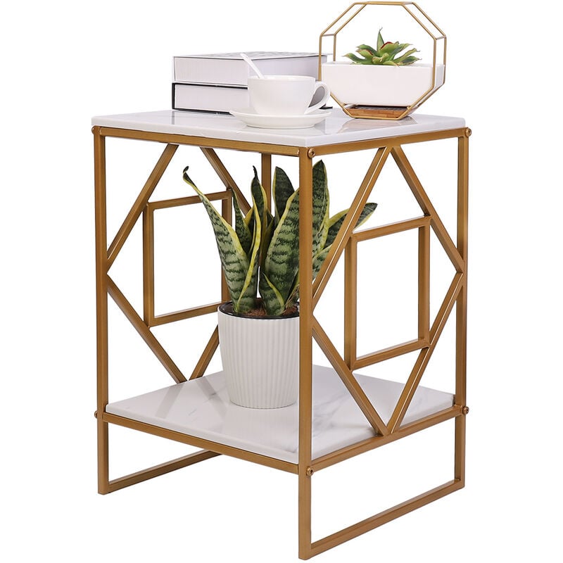 Unho - Table Basse Marbre - Table d'Appoint Carrée à 2 Niveaux - Plateau en Marbre Cadre en Fer - Table de Chevet pour Salon Chambre - 40x40x58.5cm