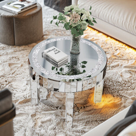 Unho – Table basse ronde en verre miroir argenté – Surface brillante avec incrustations de diamants – 60x60x50 cm – Design moderne élégant