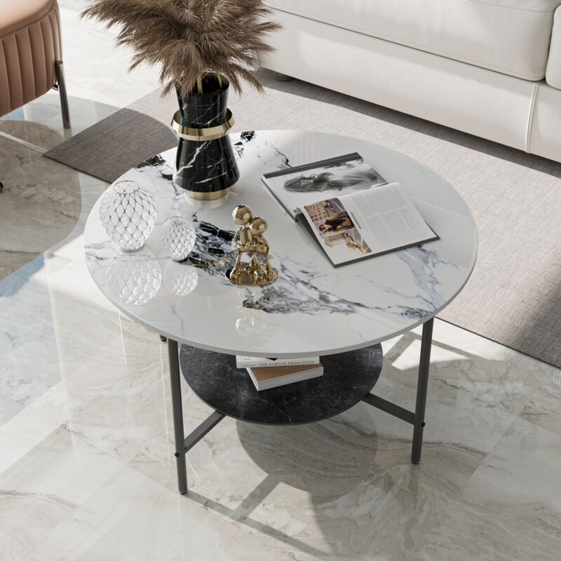 Unho - Table Basse Ronde Marbre Effet - 2 Niveaux Pierre Véritable, Ø80cm Table de Café Intérieur/Extérieur pour Salon Bureau Jardin Cour