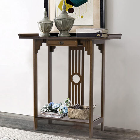 Unho – Table console rétro en bois bambou – Étagère inférieure et tiroir – Dimensions 81.5x31.2x82.8cm – Pour entrée et couloir