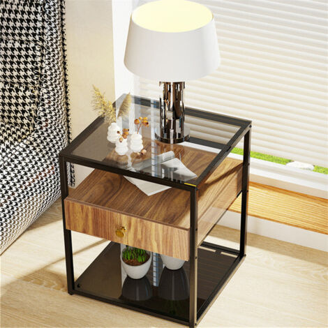 Unho – Table de chevet moderne avec tiroir et étagères – Verre trempé bronze et fer noir – Dimensions 43x43x54,5 cm – Charge max 30 kg