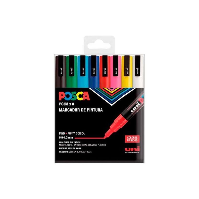 Uniball marker posca pc-3m/8c non-permanent pointe fine 0.9mm-1.3mm couleurs assorties basic -case 8u-.