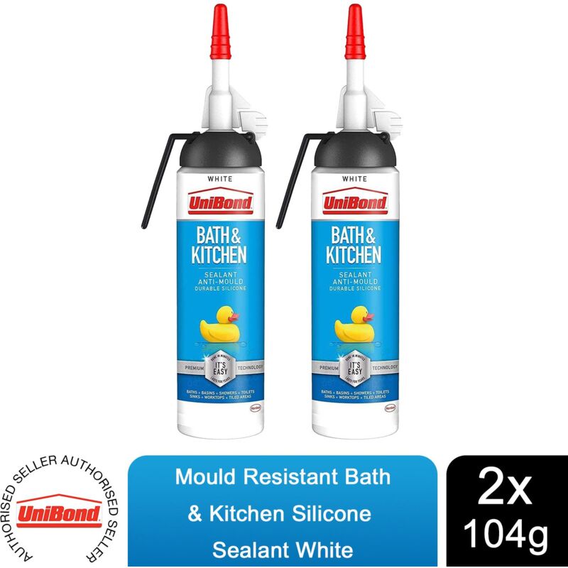 Unibond - Mould Resistant Bath & Kitchen Silicone Sealant White, 104g, 2pk
