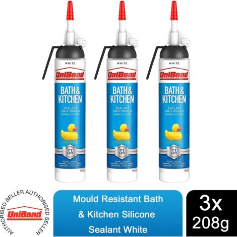 UniBond Mould Resistant Bath & Kitchen Silicone Sealant White, 208g, 3pk