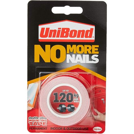 UniBond Niente più chiodi su un rotolo, nastro biadesivo per un incollaggio istantaneo affidabile, nastro adesivo multiuso, strisce adesive per uso interno/esterno, rotolo da 19 mm x 1,5 m