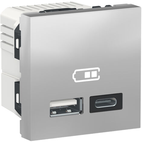 Unica - chargeur USB double - 5Vcc - 2,4A type A+C - 2 modules - alu - méca seul (NU301830)