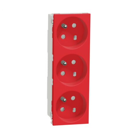 Unica - prise triple 2P+T - FR - 45° - goulotte - détrompage - Rouge - méca seul (NU307103T)