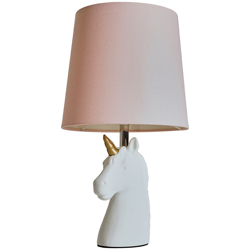 White & Gold Ceramic Unicorn Table Lamp + Dusty Pink Light Shade - No Bulb