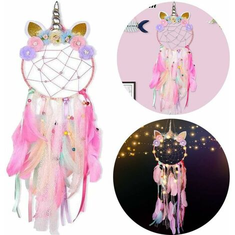 Unicorn Dream Catcher Handmade Wall Hanging Dreamcatcher with Colourful Feathers and Flowers for Unicorn Themed Party Baby Shower Girls Kids Nursery Bedroom Wall Decor Blessing