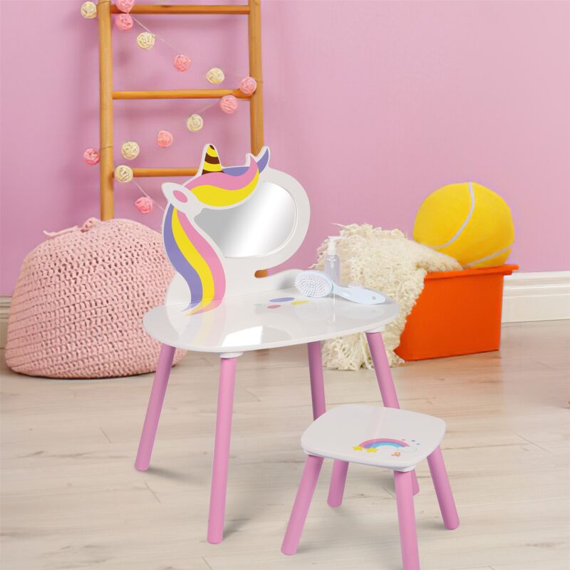 Asab - Unicorn Vanity Table With Mirror And Stool Girls Wooden Bedroom Furniture