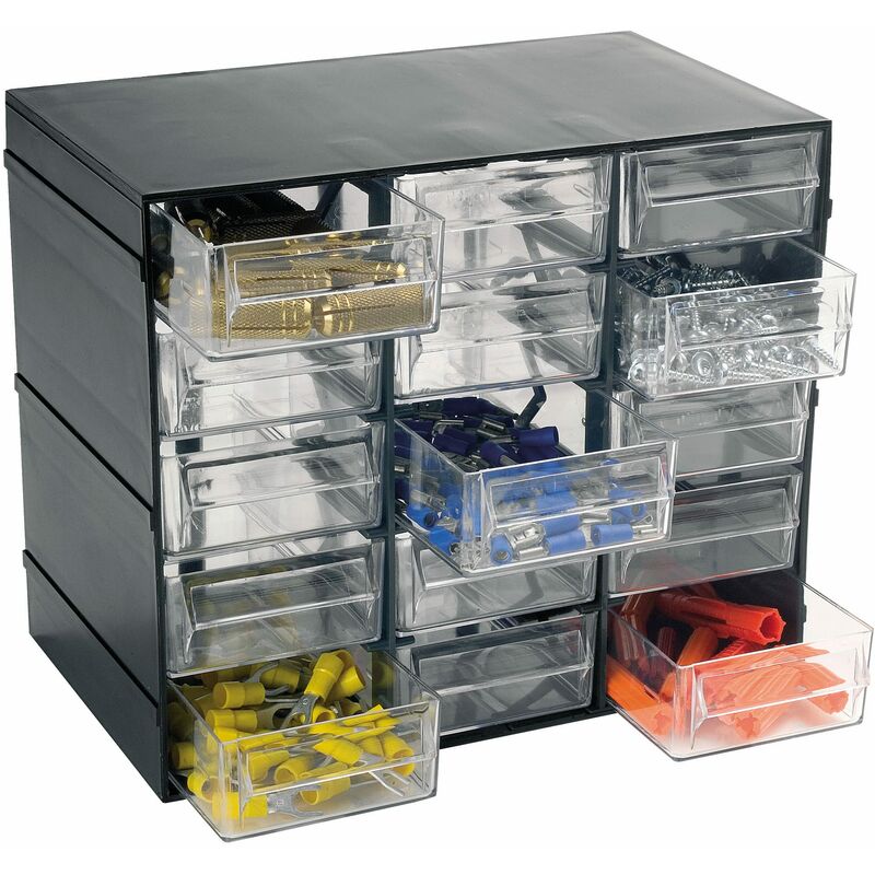 Unidad de almacenamiento en plástico l 228 x p 140 x h 190 mm con 15 cajones transparentes - Negro