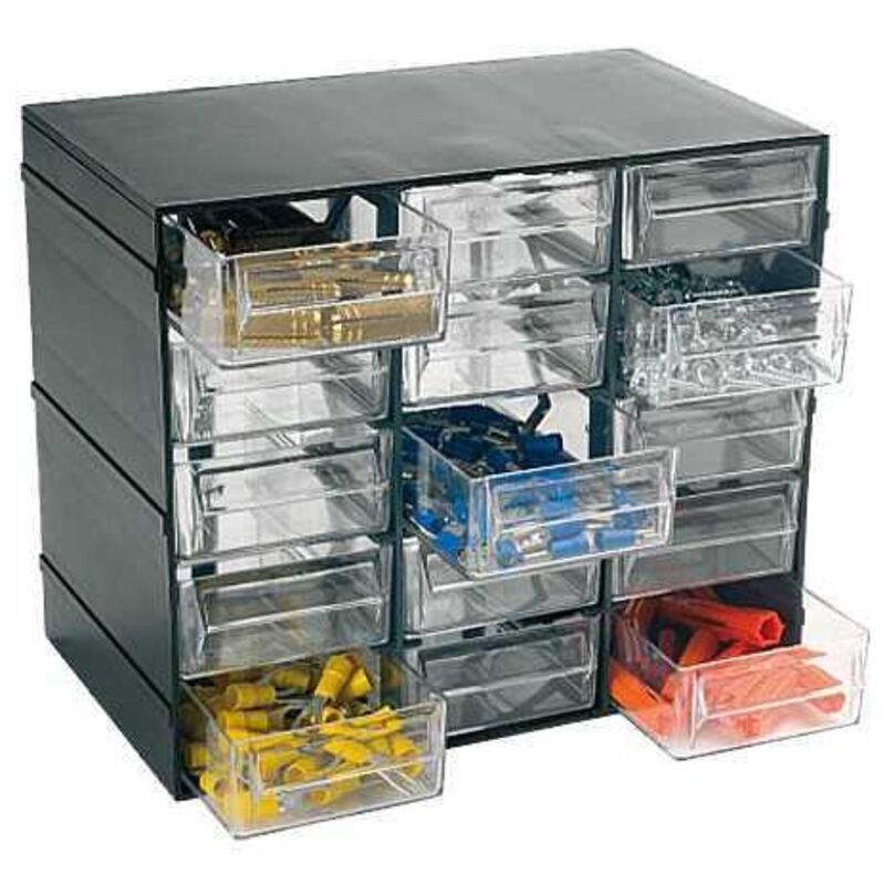 Unidad de almacenamiento en plástico l 228 x p 140 x h 190 mm con 15 cajones transparentes - Negro