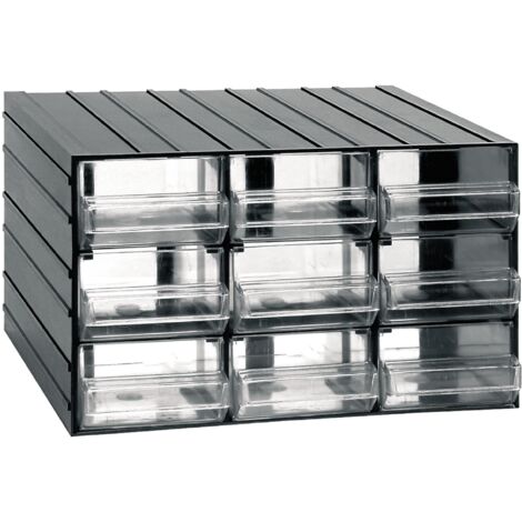 Unidad de almacenamiento modular de plástico L 382 x P 290 x H 230 mm con 9 cajones transparentes