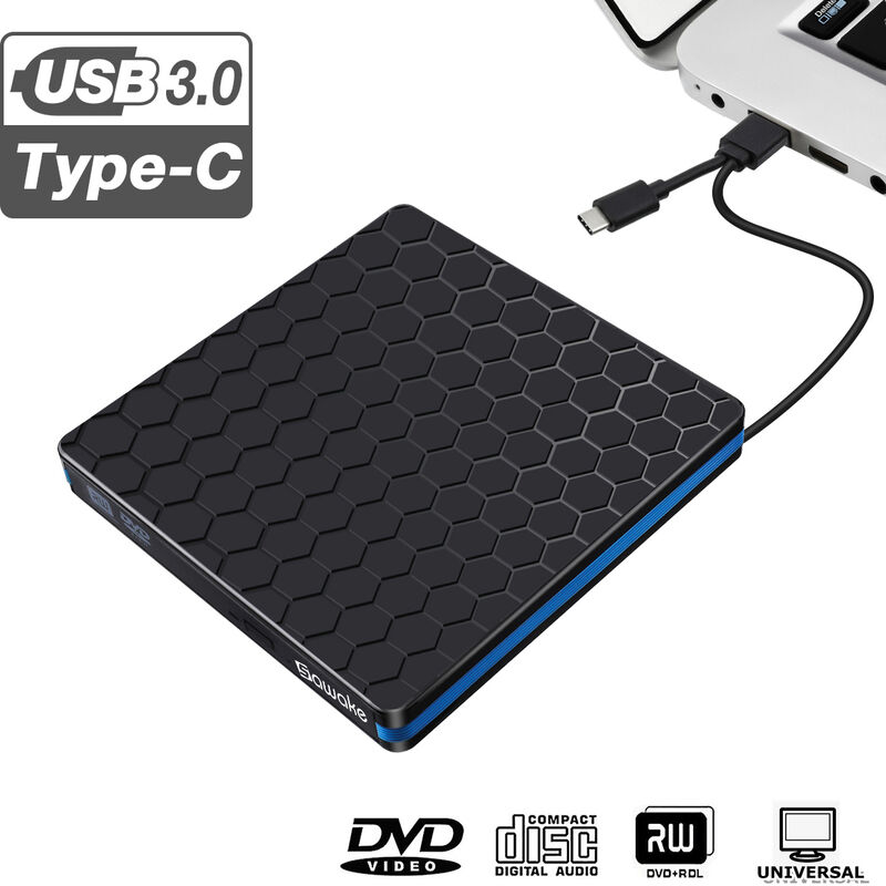 

Unidad de DVD / CD externa, USB 3.0 tipo C con unidad de DVD-RW de doble puerto Regrabadora óptica portátil, transferencia de datos de alta velocidad