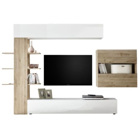 Unidad de pared de salón Blanco y roble L.295xP30xh.187 cm