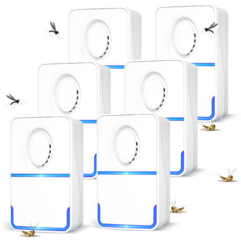 Unidad ultrasónica de control de plagas enchufable de 6 piezas – 850–1300 pies cuadrados – Segura para niños y mascotas – Blanco/Azul – ABS – 5 W