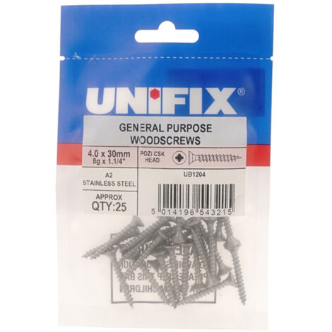 Unifix A2-304 Chippy Woodscrews 4.0 x 30mm - Box of 125