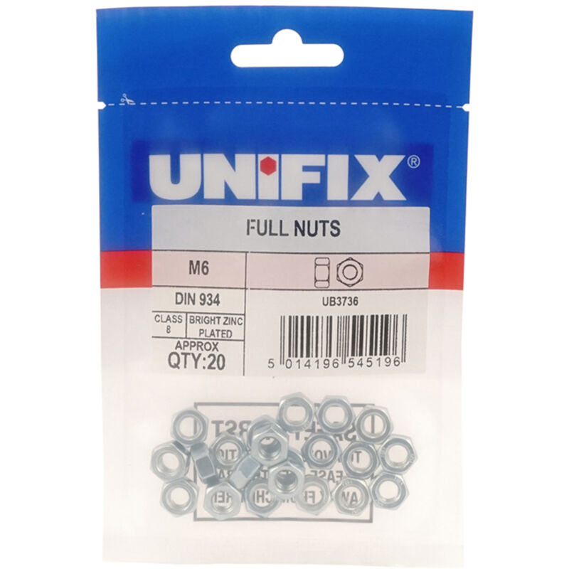 Unifix Class 8 Full Nuts DIN 934 BZP M20 x 2.50 in Silver