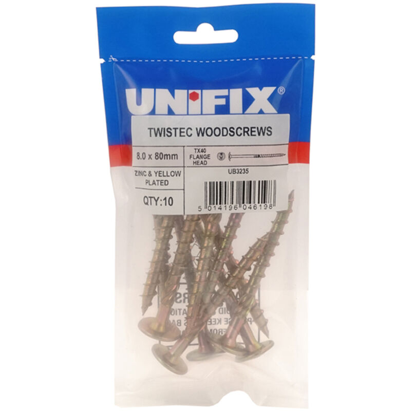 Unifix Twistec Woodscrews Flange Head ZYP TX40 8.0 x 80mm Pack of 10 in Gold